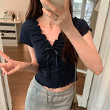 French Style V-Neck Wooden Ear Pleated Short-Sleeved T-Shirt A New Short-Style Foreign-Style Waist Blouse For Women In Summer