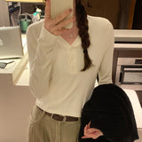 Yipinpay Sense V-Collar Button-Down Long-Sleeved T-Shirt Lady's New Style Pure Fashion Short Style Thin Bottom Shirt In Autumn And Winter
