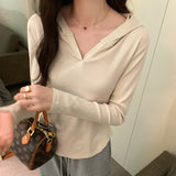 Yipinpay Basic Style Threaded Hooded Top Women's Autumn And Winter New Slim Short-Sleeved T-Shirt