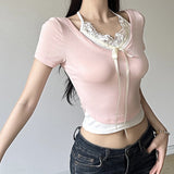 French Sweet Spice Girl Lace Splicing Collision Color Fake Two Lace-Up Short-Sleeved T-Shirts Sweet Jackets For Women