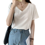 2025 Summer New Threaded Pure Color Short-Sleeved Knitted V-Collar T-Shirt Design Feeling Bottomed Blouse