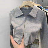European Design Sense Niche Double Zipper Polo Collar Jacket Women's Early Autumn New Threaded Short Top Knitted Cardigan