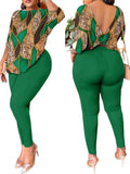 Yipinpay Autumn New Women's Fashion Leisure Bare-Back Printed Trousers Suit