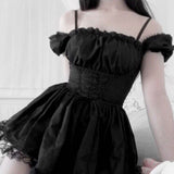 Yipinpay Shoulder Lace Spliced Dress Dark Style Waist Shows A Thin And Fluffy Short Skirt Woman