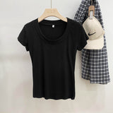 Yipinpay Version Simple Solid Color Threaded U-Collar Short-Sleeved T-Shirt Women Summer New Style Slim Look Thin Pure Desire Hot Girl Blouse Girl