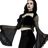 Yipinpay Strapped With Lace Spliced Horn Long-Sleeved Shirt Dark Slim Sexy Navel Cardigan T-Shirt