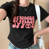 Pink Letter Printing Sweet And Spicy Girl Style Short Shoulder Slim T-Shirt Women's Summer New Skinny Blouse