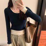Yipinpay Style Jumper Color Minority Long-Sleeved Sweater Women's Autumn And Winter New Small Short Style Bottom Sweater Trend