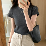 Classic Basic Grey Shoulder T-Shirt Women's Short-Sleeved Round-Necked T-Shirt Threaded To Show A Thin Blouse In Summer