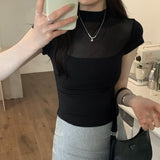 Spicy Girls Foreign Style Simple Net Gauze Spliced Half-High-Collar T-Shirt Spring And Summer New Thin Solid Color Short-Sleeved Blouse