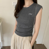 Round-Necked Sleeveless Knitted Embroidered Letter T-Shirt Women's Summer New Fold Waist Early Spring Dress Temperamental Vest