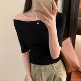 Yipinpay Solid Color Word Shoulder Slim Shows The Thin Bottom Shirt The Girl Autumn New Design Sense Middle Sleeve T-Shirt Hot Girl Blouse
