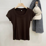 Yipinpay Version Simple Solid Color Threaded U-Collar Short-Sleeved T-Shirt Women Summer New Style Slim Look Thin Pure Desire Hot Girl Blouse Girl