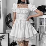 Yipinpay Shoulder Lace Spliced Dress Dark Style Waist Shows A Thin And Fluffy Short Skirt Woman