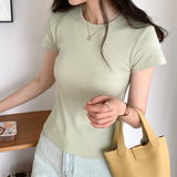 Classic Basic Grey Shoulder T-Shirt Women's Short-Sleeved Round-Necked T-Shirt Threaded To Show A Thin Blouse In Summer