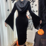 Yipinpay Halloween New Women's Dress Suit Hat Horn Sleeve Spider Web Dress