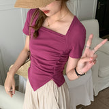 Shoulder Women's T-Shirt Shows A Sense Of Thin Short-Sleeved Design Minority Pleated Irregular Slimming Blouse Square Collar Clavicle T-Shirt