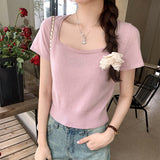 Korean Version Of Knitted Short-Sleeved T-Shirt Women's New Summer Slim Thin Solid Color Full-Length Short-Style Blouse Ins