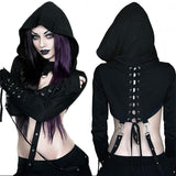 Yipinpay Spring Women's Wear New Buttonhole Strap Hooded Long-Sleeved Dark Gothic Halloween Sweater