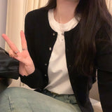 Yipinpay Sense Of Pure Color Round-Neck Cardigan Knitted Blouse Women's Autumn And Winter New Style Retro Short Sweater Jacket