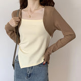 Autumn And Winter Color Positive Shoulder Fake Two Square Collar Blouses Women's Spring And Autumn Splicing Irregular Design Feeling Bottom Short T-Shirt