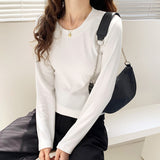 Spring And Autumn Simple Slim Bottomed Shirt Women 2025 Autumn And Winter New Style White Shirt With Round Collar And Long Sleeves T-Shirt