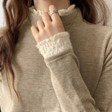 Yipinpay Semi-High-Necked Velvet Bottomed Blouse With A New Style Of Long-Sleeved Knitted Velvet And Warm Lace Blouse