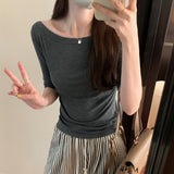 Yipinpay Solid Color Word Shoulder Slim Shows The Thin Bottom Shirt The Girl Autumn New Design Sense Middle Sleeve T-Shirt Hot Girl Blouse