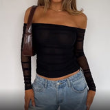 Spicy Girl Shoulder Net Pleated Solid Color Blouse Short Low-Collar Long-Sleeved T-Shirt With Exposed Navel