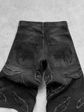 Yipinpay Loose Wide-Leg Retro American High-Set Retro Black Patchwork Hole Jeans Hip-Hop