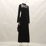 Yipinpay Lace Stitching Long Dress Sexy Split Split Hollowed-Out Dress With Long Horn Sleeves