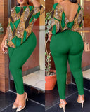 Yipinpay Autumn New Women's Fashion Leisure Bare-Back Printed Trousers Suit