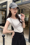 Korean Style Simple Shoulder Short-Sleeved T-Shirt Women's Summer Thin Style Design Feeling Solid Color Full-Fitting Spicy Girls Short-Style Blouse