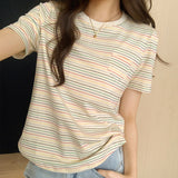 College Style Rainbow Striped Round-Neck T-Shirt Women's Summer Loose Style Vintage Blouse Design Sense Minority