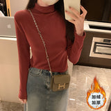Yipinpay Collar Solid Color Long-Sleeved T-Shirt Women Wear A New Style Of Slimming, Velvet, Thicker, Warm And Bottomed Shirts In Autumn And Winter.