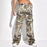 Yipinpay Large Pocket Loose Straight Trousers Spring And Autumn New Individualized Printed Camouflage Floor Mopping Overalls