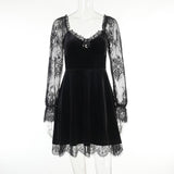 Yipinpay Dark Dress Lace Stitching Shows Chest Long-Sleeved Lotus Leaf Edge Waist Shows Thin Casual Dress