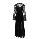 Yipinpay Autumn New Style Sexy Micro-Transparent Slim Dress Dark Lace Fishtail Long-Sleeved Dress Woman