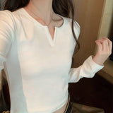 Yipinpay White Long-Sleeved T-Shirt For Women With Autumn And Winter Spicy Girls Short Style Slim V-Collar Bottomed Blouse