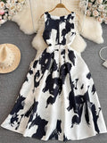 Yipinpay Vest, Long Dress, High Sense, Light Extravagant Round Collar, Waist Slim, Sleeveless A-Print, Large Pendulum Dress