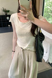 Korean Minority Design Temperament Texture Fabric Spliced Shoulder Short-Sleeved T-Shirt Women's Summer 2024 New Blouse