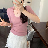 U Straight Shoulder Ice Silk Knitted Short-Sleeved T-Shirt Women 2024 Summer Thin Style Bottomed Shirt Slim Short Blouse