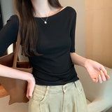Yipinpay Solid Color Word Shoulder Slim Shows The Thin Bottom Shirt The Girl Autumn New Design Sense Middle Sleeve T-Shirt Hot Girl Blouse
