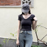 Solid Color V-Neck Straight Shoulder T-Shirt Women's Short-Sleeved Slimming Style Summer New Exposed Collarbone Blouse