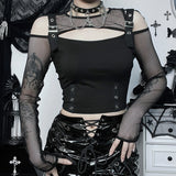 Yipinpay Punk Style Hollowed-Out Long-Sleeved Women's Blouse With A New Sexy Waist Mesh Mesh In The Fall Of 2024