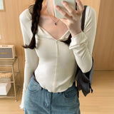 Yipinpay Girls Tight Agaric Edge V-Collar Long-Sleeved T-Shirt Women's Autumn New Thin Bottom Shirt Soft Waxy Inner Coat