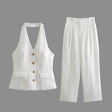 Yipinpay New Autumn Style Wide-Leg Trousers Suit With Bare Back And Collar Vest And Pleated Legs