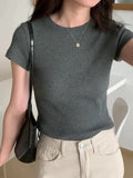 Classic Basic Grey Shoulder T-Shirt Women's Short-Sleeved Round-Necked T-Shirt Threaded To Show A Thin Blouse In Summer