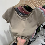 European V-Neck Shoulder T-Shirt Women's Short-Sleeved Summer New Slim And Skinny Short-Bottomed Blouse