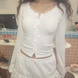 Color Bow Fashion Girl's Long-Sleeved Blouse 2024 New Lace Collar Hot Girl Fashion Navel T-Shirt
